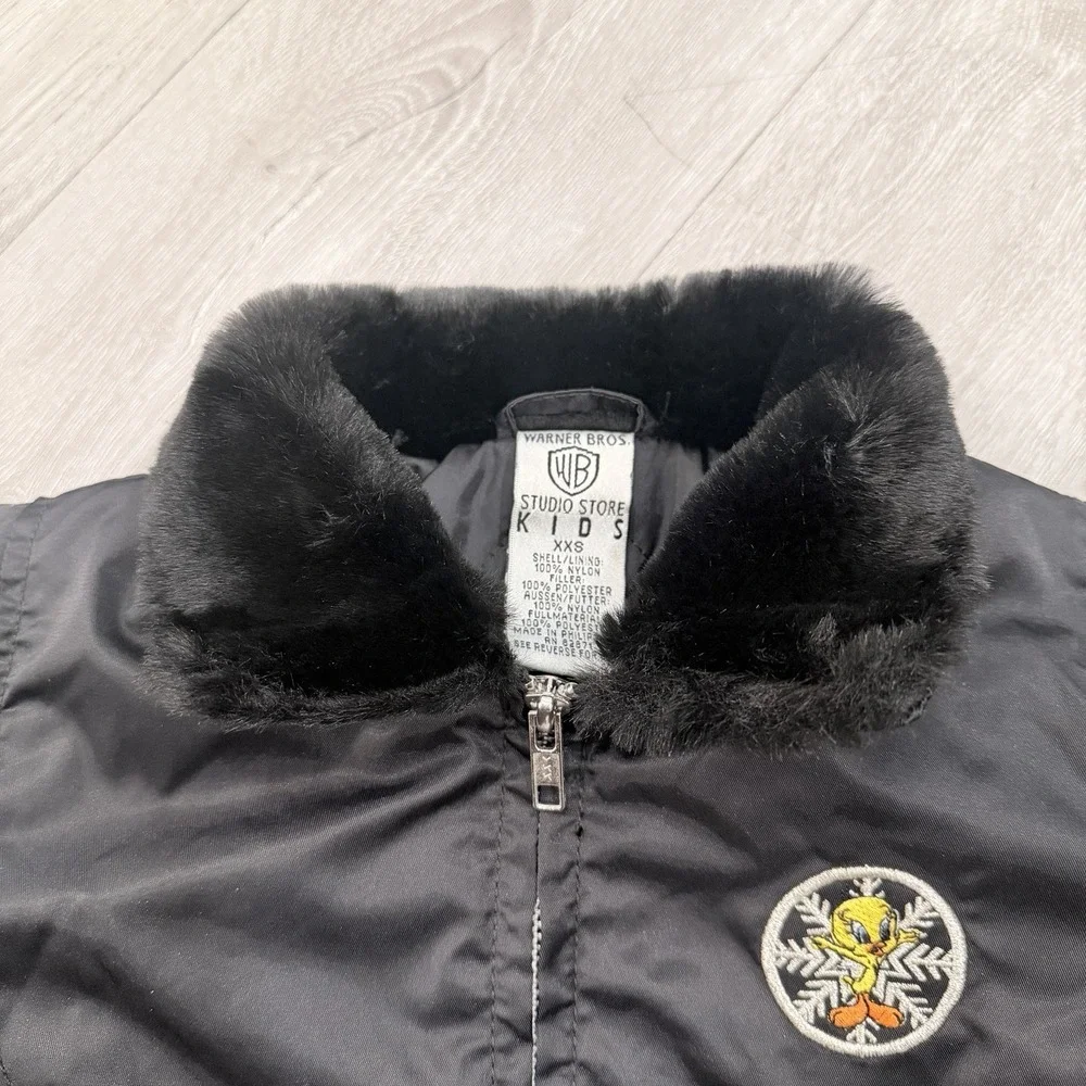 Vintage 1997 Warner Bros Studio Store Kids Tweety Bird Black Winter Jacket XXS
